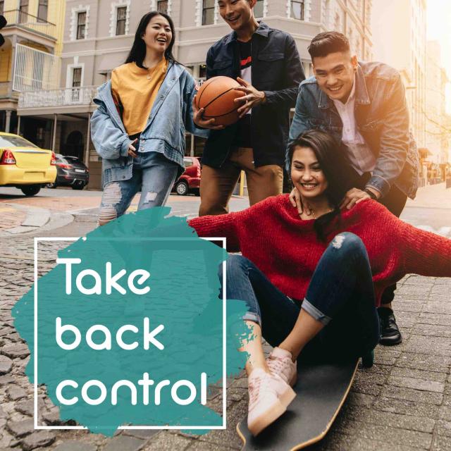Group of teens riding skateboards down a hill. Text reads 'Take back control'