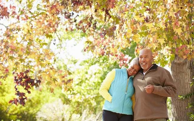 Photo of a couple walking under autumn leaves, the woman rests her head on the man's shoulder