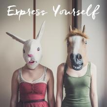 two young women wearing a bunny mask and a horse mask. Text reads: express yourself