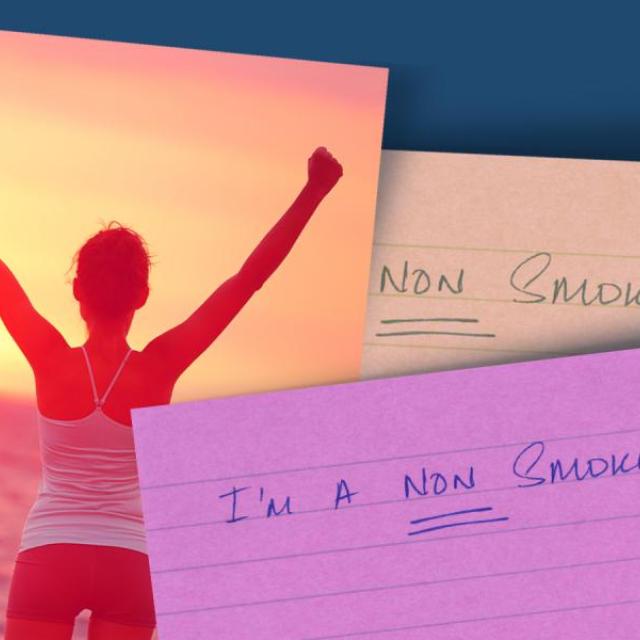 Three index cards are scattered about. On has a woman standing with arms raised on the beach. The second card reads "Non Smoker" and the third reads "I'm a non smoker"