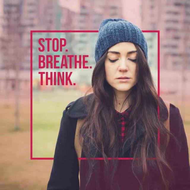 Photo of a young woman with long dark hair wearing a hat outside with text saying "stop, breathe, think."