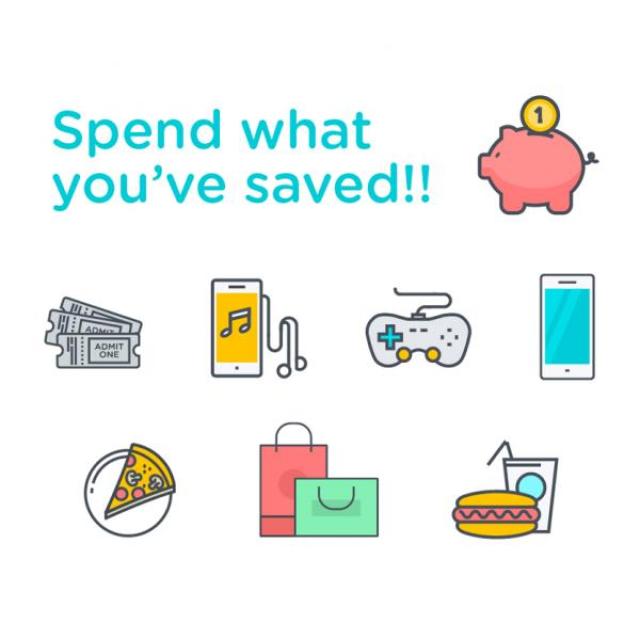 Various images of rewards to buy with smokefree savings such as a video game or a shopping trip with text stating 'spend what you've saved'